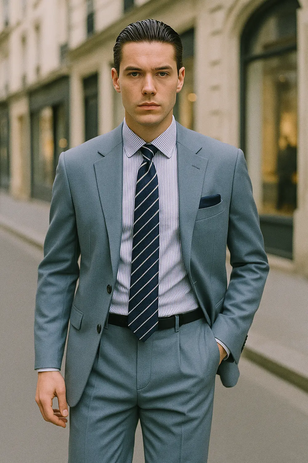 Stilvoller Business-Look: Hellblauer Anzug mit marineblauer Streifenkrawatte Mann im hellblauen Anzug mit marineblauer, gestreifter Zeek & Fletcher Krawatte und dunkelblauem Einstecktuch in eleganter Innenstadt