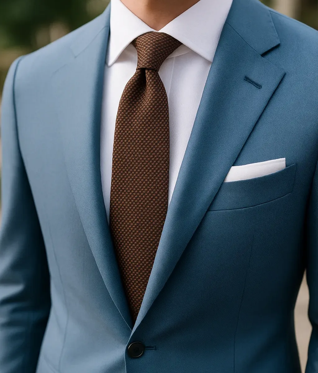 Hellblauer Anzug mit weißem Hemd und brauner Seidenkrawatte aus der Kollektion Heritage Silk, getragen im eleganten Business-Stil.