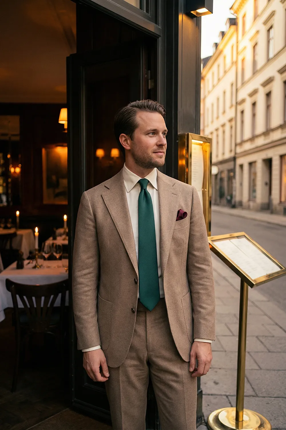 Eleganter Look: Beiger Anzug mit dunkelgrüner Krawatte Lookbook