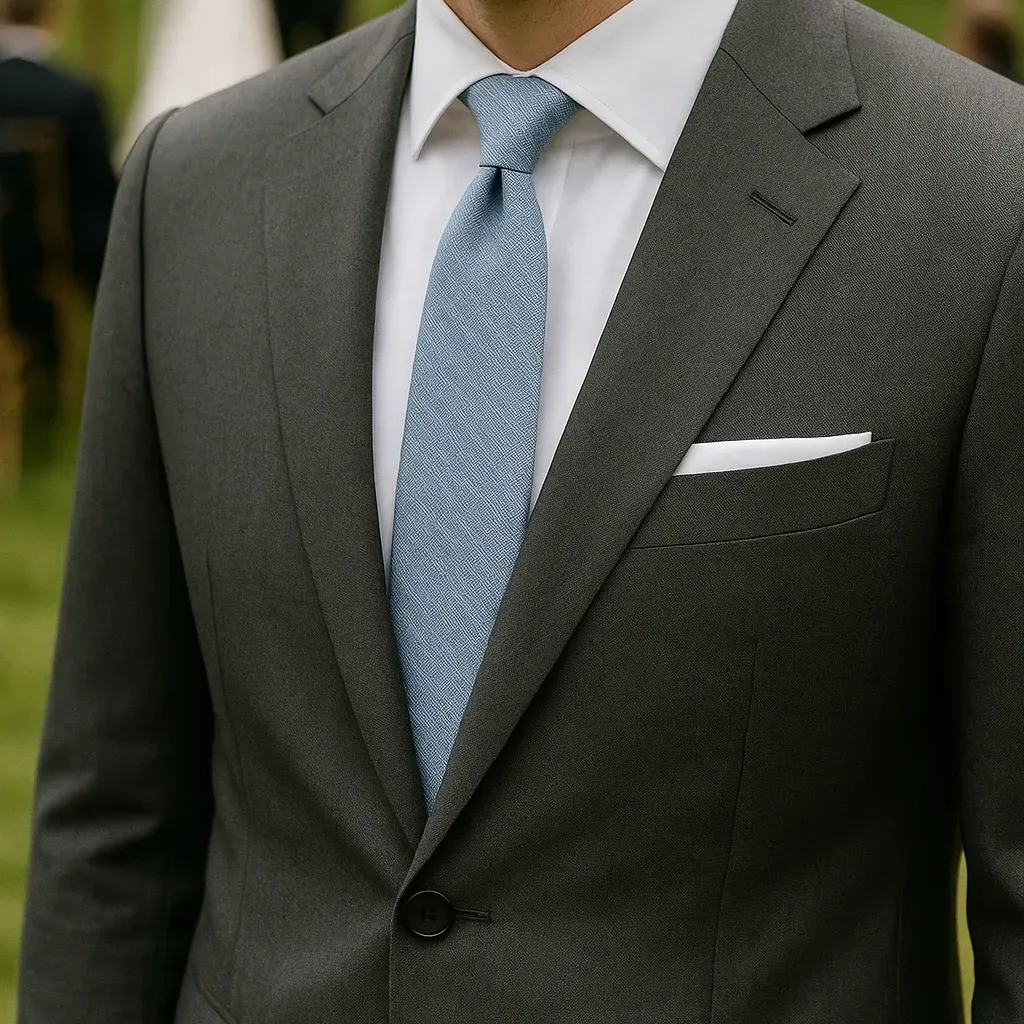 Krawatte »Sunlit Cotton« in Blau-Grau von Zeek & Fletcher, kombiniert mit anthrazitfarbenem Anzug – kultivierter Look für eine Hochzeit im Freien.