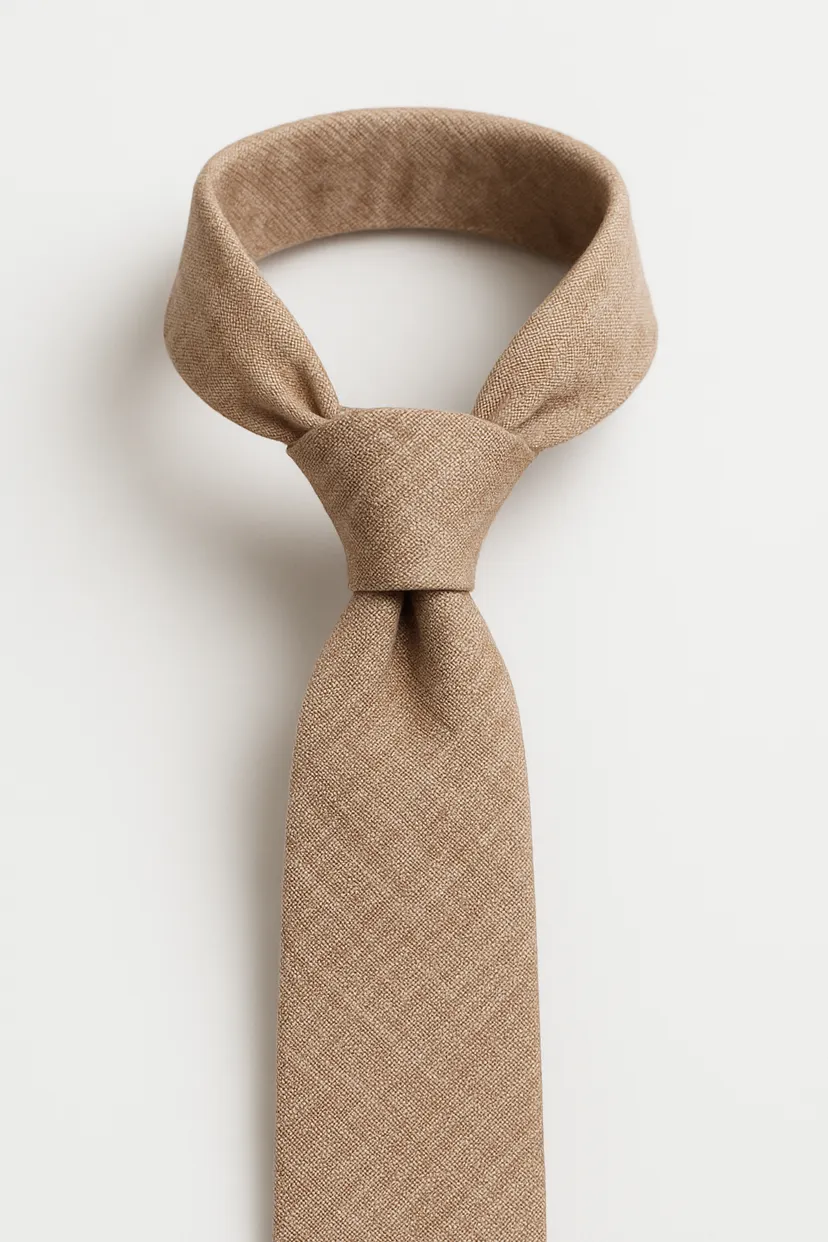 Mokkabraune Krawatte im halben Windsor mit dezentem Dimple auf hellem Untergrund – klarer Knoten, ruhige Oberfläche.