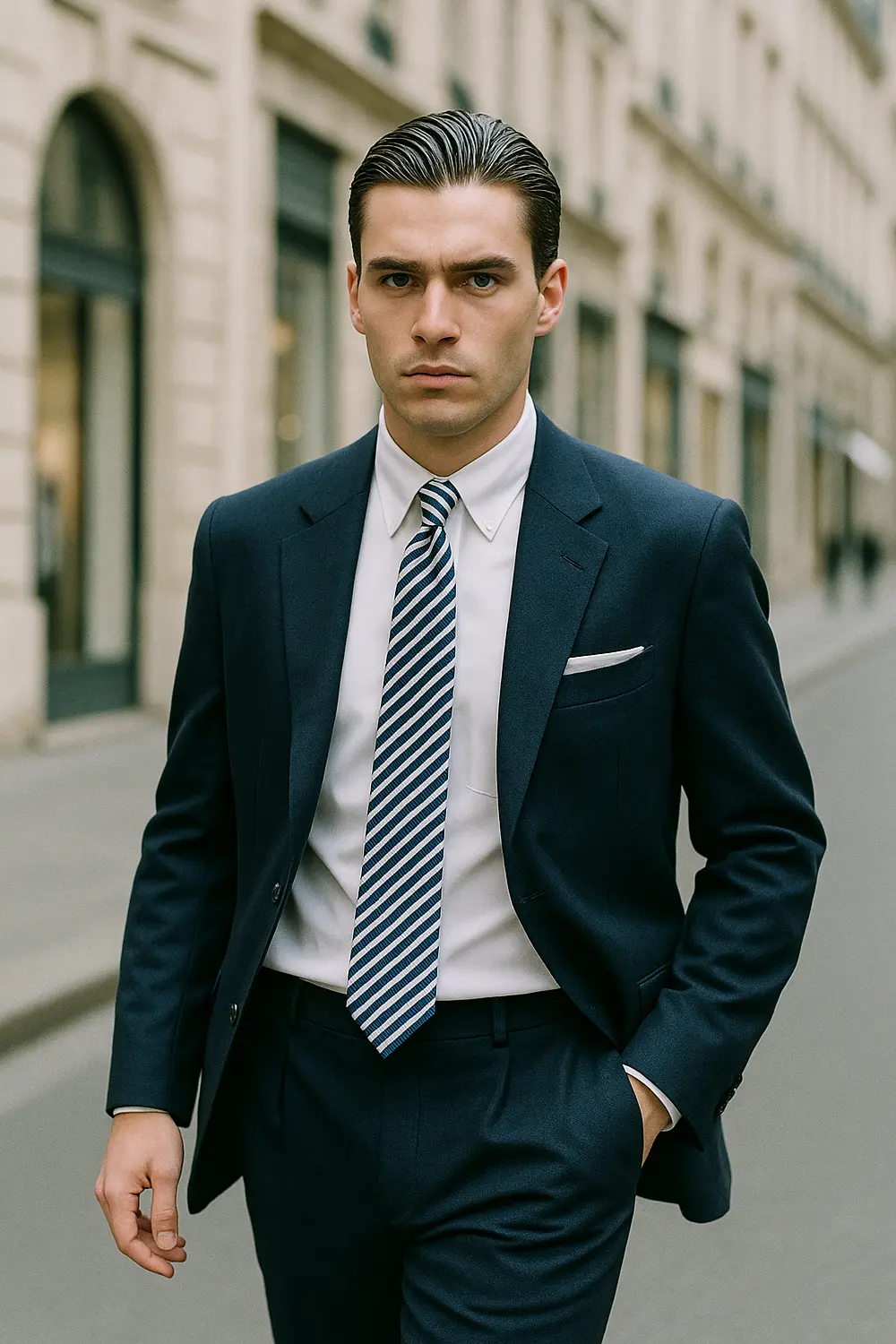 Stilsicherer Mann im dunkelblauen Anzug mit hellblauer Zeek & Fletcher Streifenkrawatte in eleganter Innenstadt.