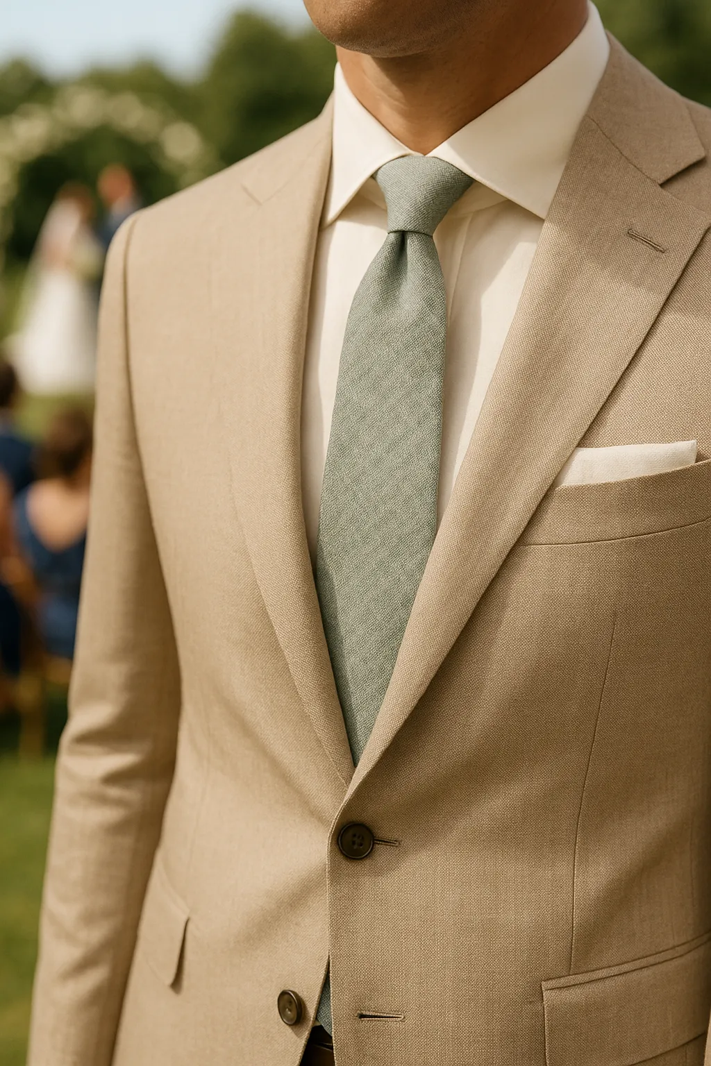 Krawatte »Sunlit Cotton« in Mintgrün von Zeek & Fletcher, mit sandfarbenem Anzug und Ecru-Einstecktuch – eleganter Look für eine Sommerhochzeit.