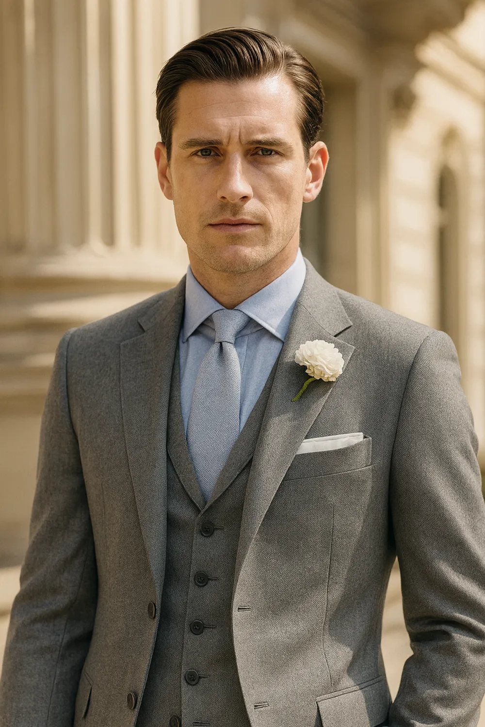 Eleganter Bräutigam-Look mit blauer Zeek & Fletcher Krawatte Stilsicherer Bräutigam im grauen Anzug mit blauer Zeek & Fletcher Krawatte in moderner Innenstadt.