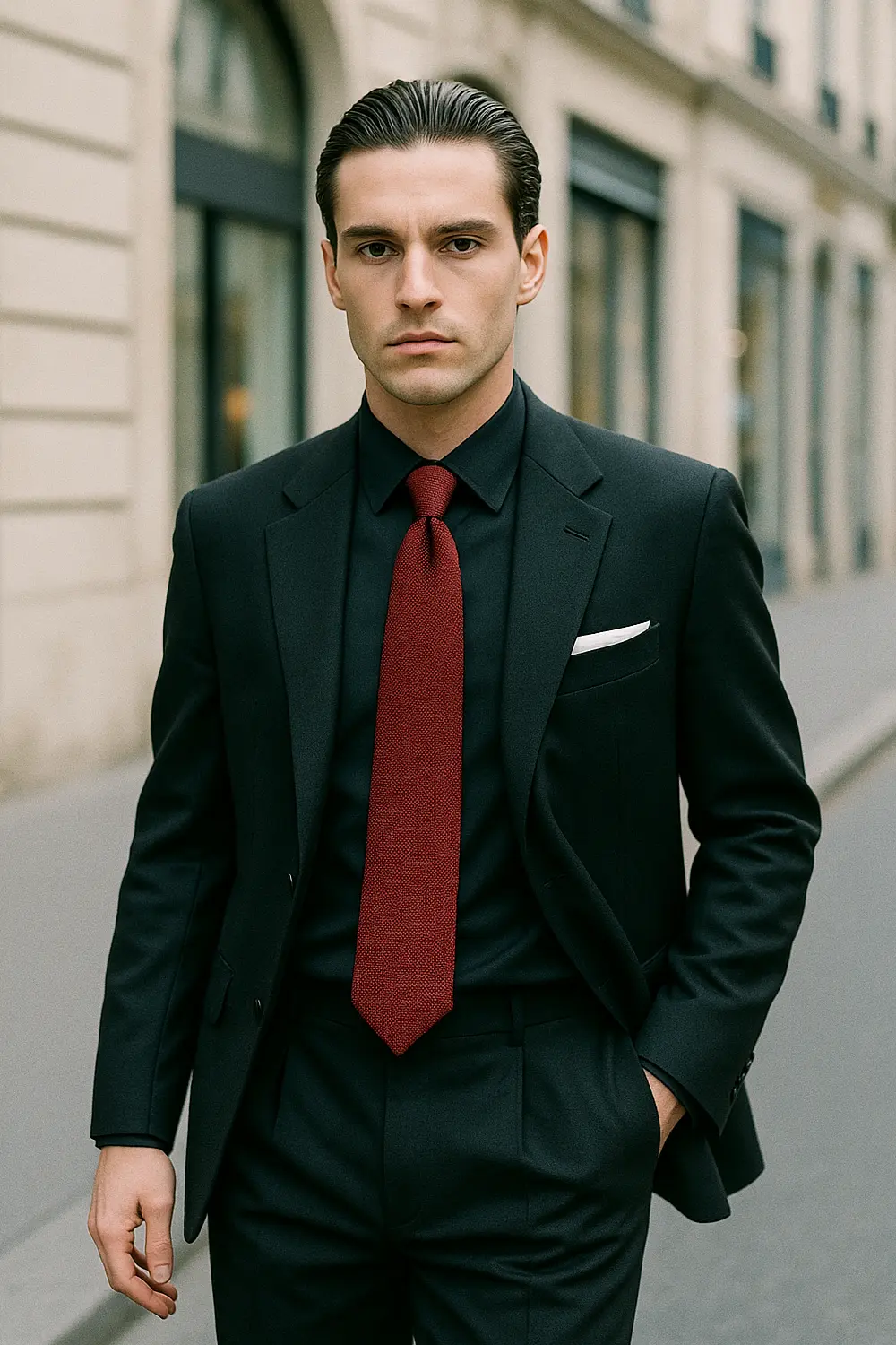 Eleganter Herren-Look: Schwarzer Anzug mit weinroter Zeek & Fletcher Krawatte Mann im schwarzen Anzug und schwarzem Hemd mit weinroter Zeek & Fletcher Krawatte in eleganter europäischer Innenstadt