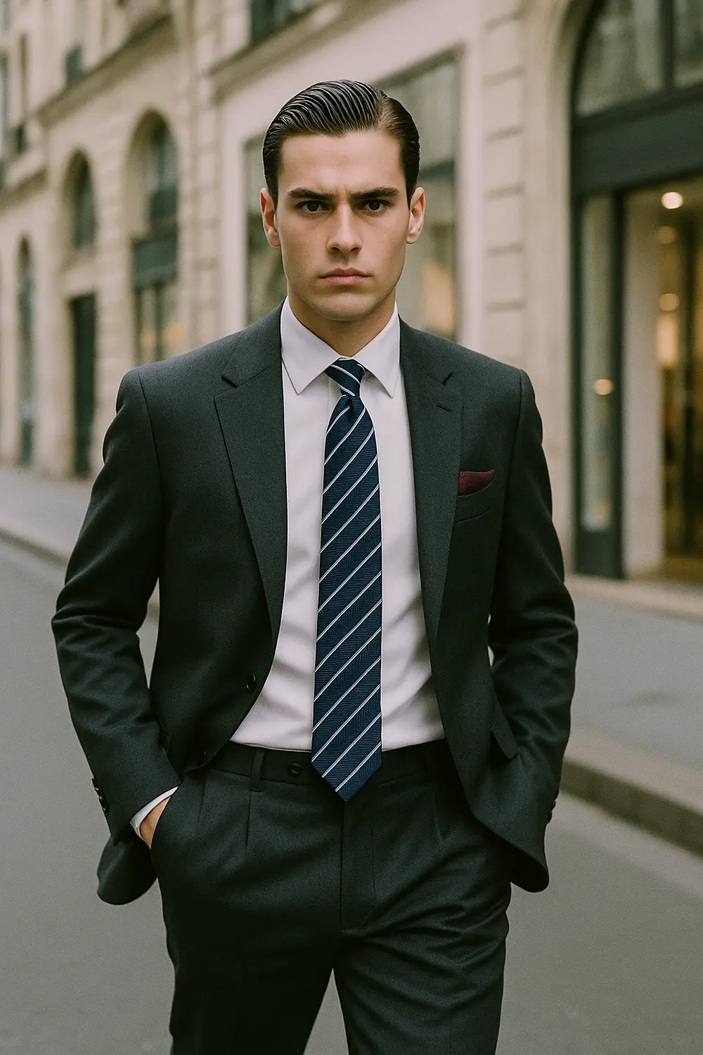 Eleganter Business-Look: Marineblaue Krawatte in der Innenstadt Stilvoller Mann im dunkelgrauen Anzug mit marineblauer Zeek & Fletcher Krawatte, weißem Hemd und burgunderrotem Einstecktuch in edler Innenstadt.