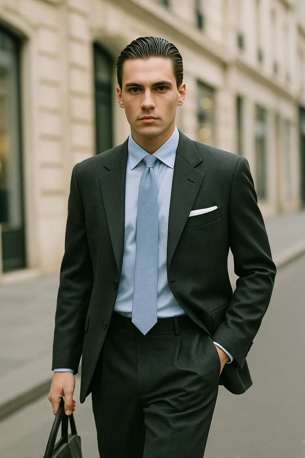 Dunkelgrauer Anzug & blaue Krawatte – eleganter City-Look Mann im dunkelgrauen Anzug mit hellblauem Hemd und Zeek & Fletcher Sunlit Cotton Krawatte in der sonnigen Innenstadt.