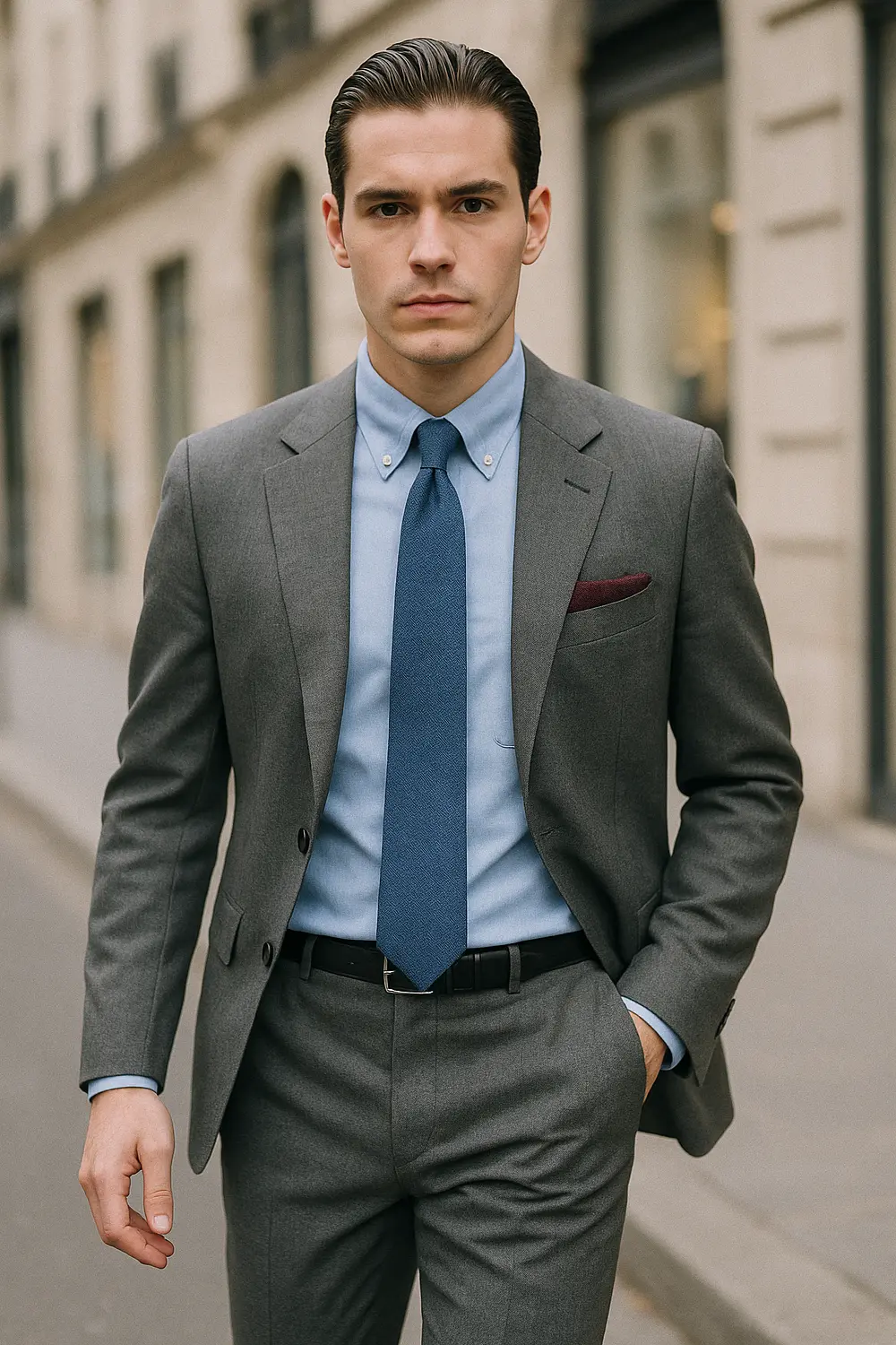 Perfekte Krawattenlänge: Eleganter Business-Look in der City Stilsicherer Mann im grauen Anzug mit marineblauer Zeek & Fletcher Krawatte zeigt ideale Krawattenlänge in der Innenstadt