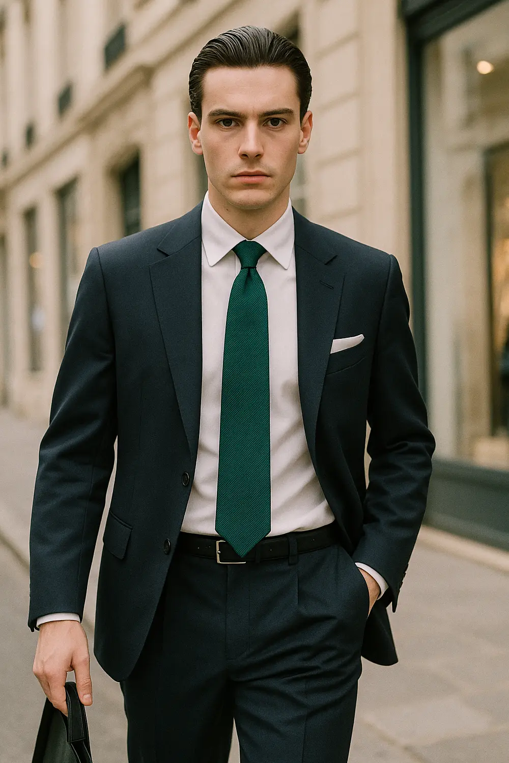 Vorstellungsgespräch-Look mit dunkelgrüner Zeek & Fletcher Krawatte Eleganter Business-Look mit navy Anzug, dunkelgrüner Zeek & Fletcher Krawatte und weißem Hemd in moderner Innenstadt.