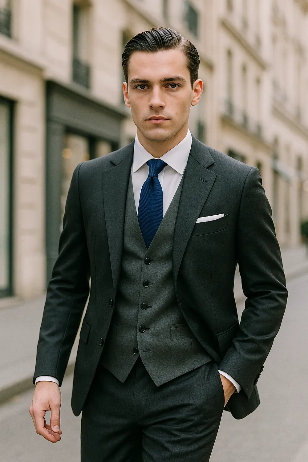 Eleganter Mann im dunkelgrauen Anzug mit dunkelblauer Zeek & Fletcher Krawatte und weißem Hemd auf dem Weg zum Vorstellungsgespräch in der Innenstadt.