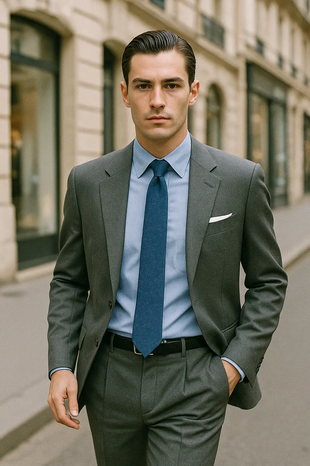 Stilvoller City-Look: Grauer Anzug mit marineblauer Zeek & Fletcher Krawatte Eleganter Mann im grauen Anzug mit marineblauer Zeek & Fletcher Krawatte und weißem Einstecktuch in moderner Innenstadt