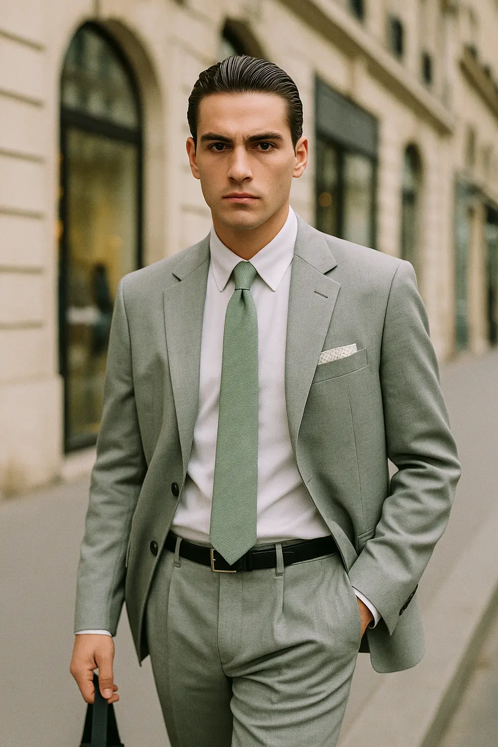 Hochzeit als Gast: Stilvoller Look mit mintgrüner Zeek & Fletcher Krawatte Eleganter Hochzeitsgast im hellgrauen Anzug mit mintgrüner Zeek & Fletcher Krawatte und feinem Einstecktuch.