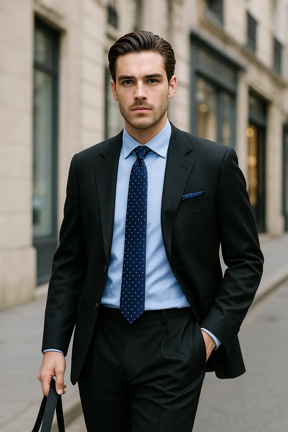 Stilvoller Mann im schwarzen Anzug mit hellblauem Hemd und marineblauer, gepunkteter Zeek & Fletcher Krawatte in edler Innenstadt