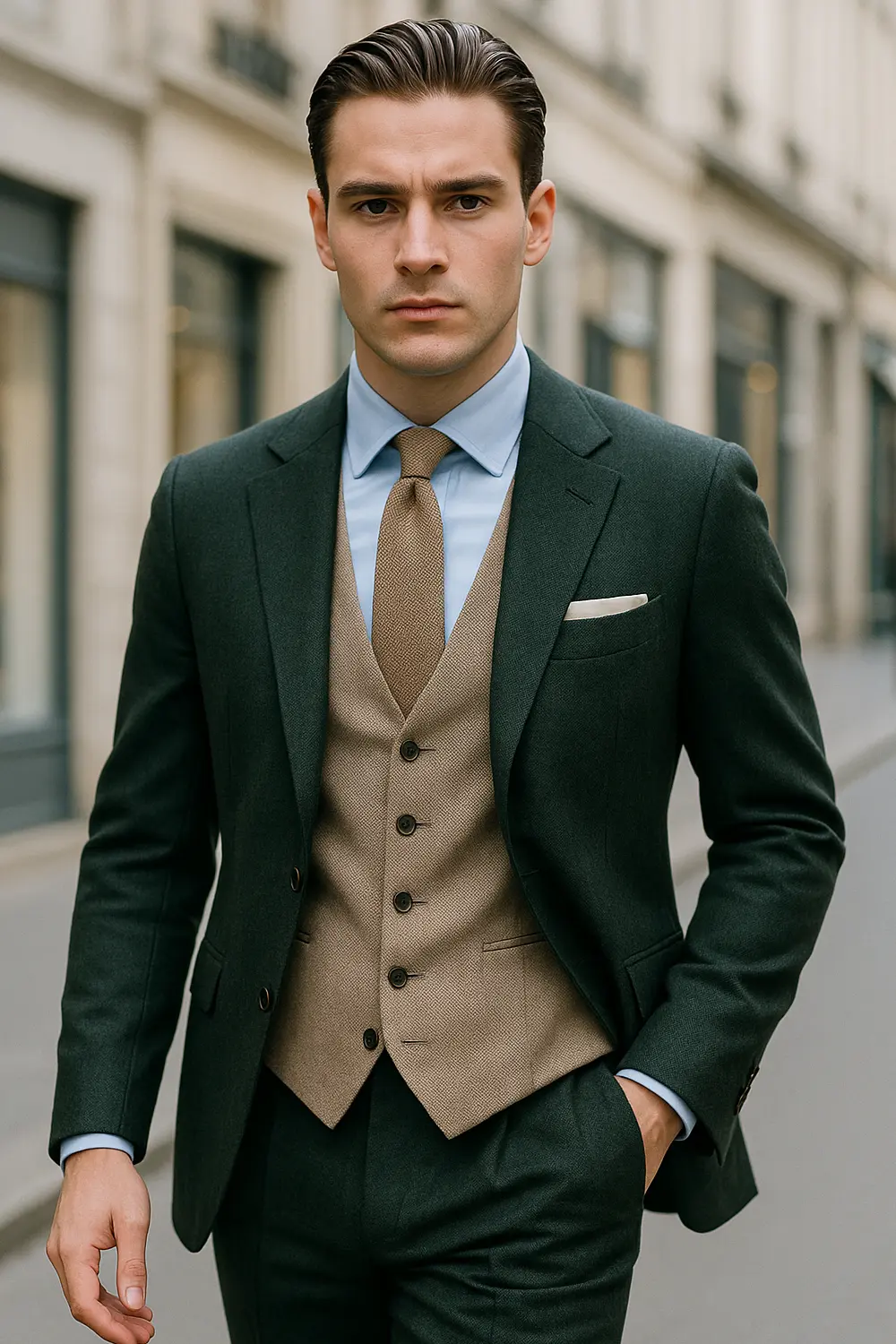 Stilvoller Look: Dunkelgrüner Anzug mit mokkabrauner Krawatte Männliches Model im dunkelgrünen Anzug mit mokkabrauner Zeek & Fletcher Krawatte in eleganter europäischer Innenstadt.