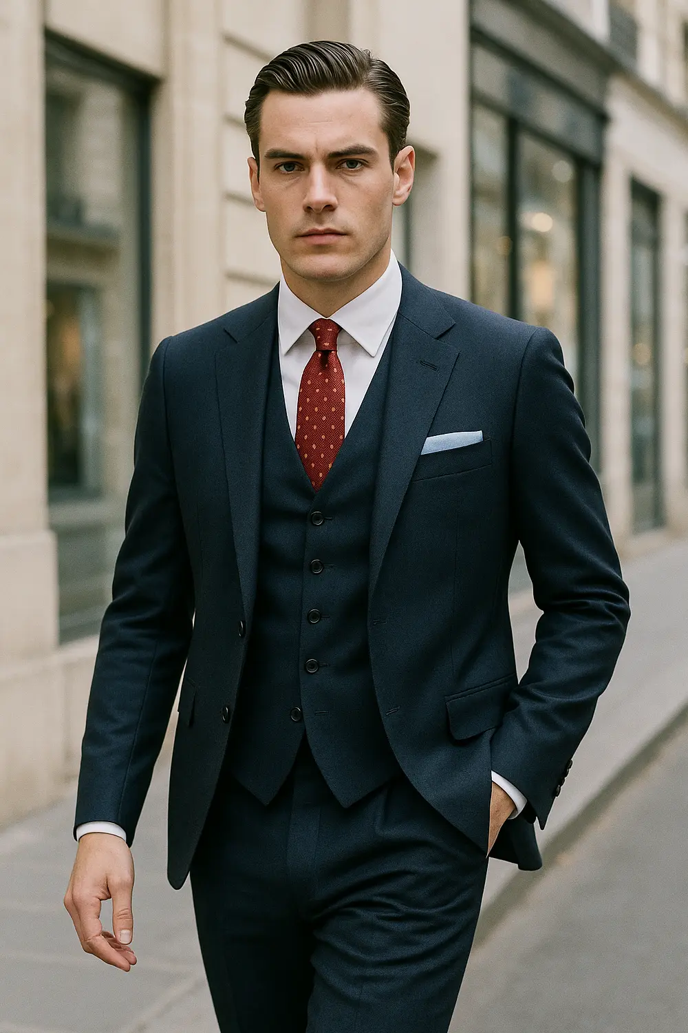 Stilvoller Mann im navy Anzug mit roter, gepunkteter Zeek & Fletcher Krawatte und hellblauem Einstecktuch in edler Innenstadt.