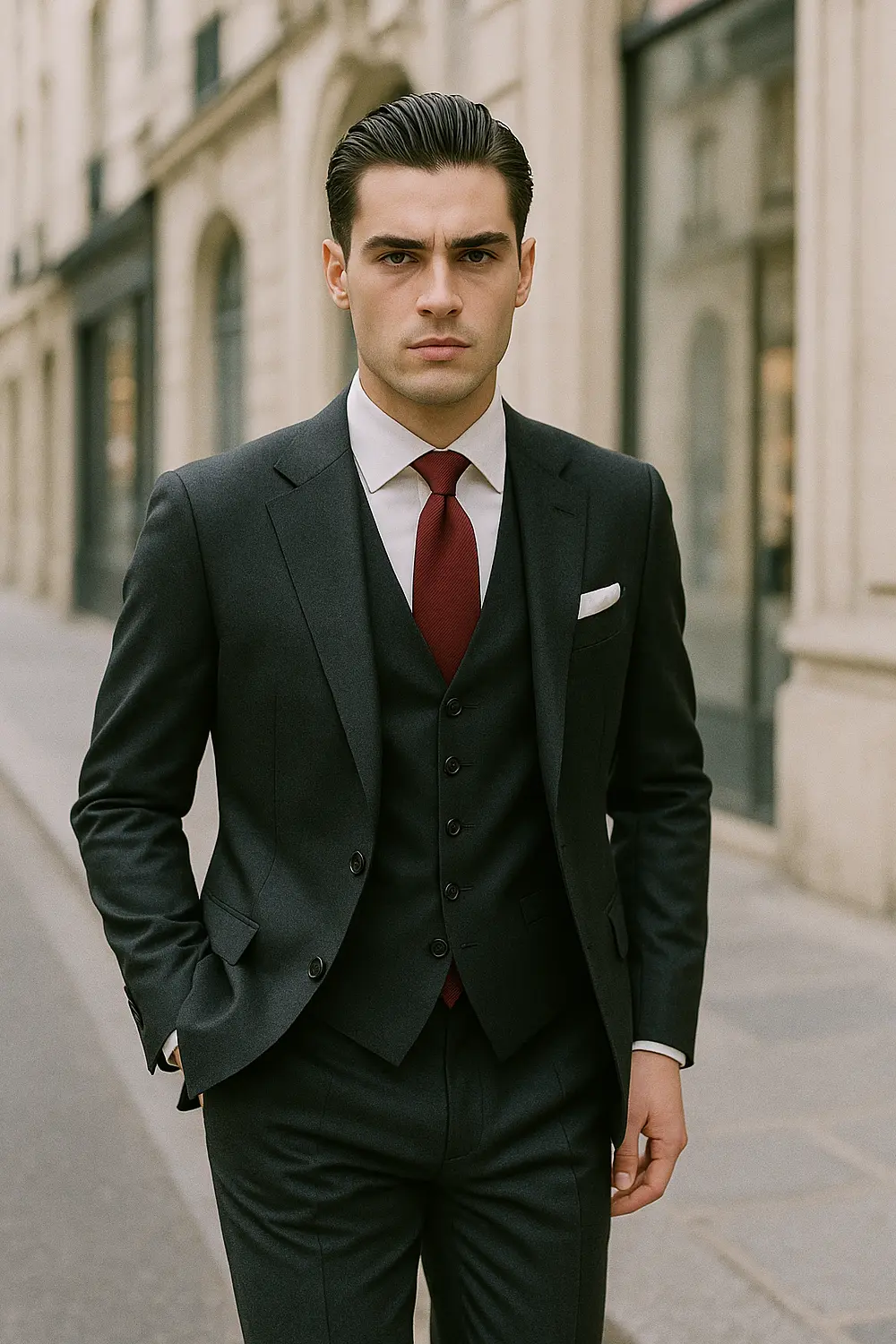 Stilvoller Business-Look mit weinroter Zeek & Fletcher Krawatte Mann im dunkelgrauen Anzug mit weinroter Zeek & Fletcher Krawatte und cremefarbenem Einstecktuch in edler Innenstadt