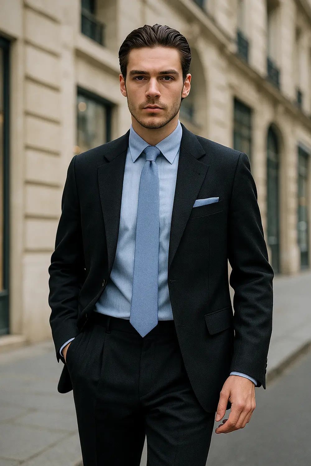 Stilsicherer Mann im schwarzen Anzug und hellblauem Hemd mit blau-grauer Zeek & Fletcher Krawatte in europäischer Innenstadt.