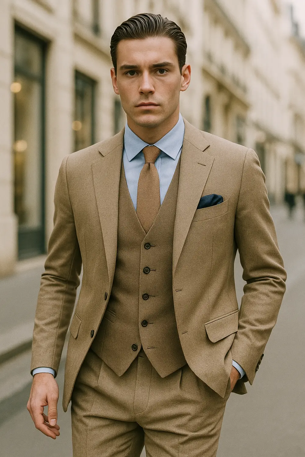 Stilsicherer Mann im beigefarbenen Anzug mit mokkabrauner Zeek & Fletcher Krawatte in edler Innenstadt.