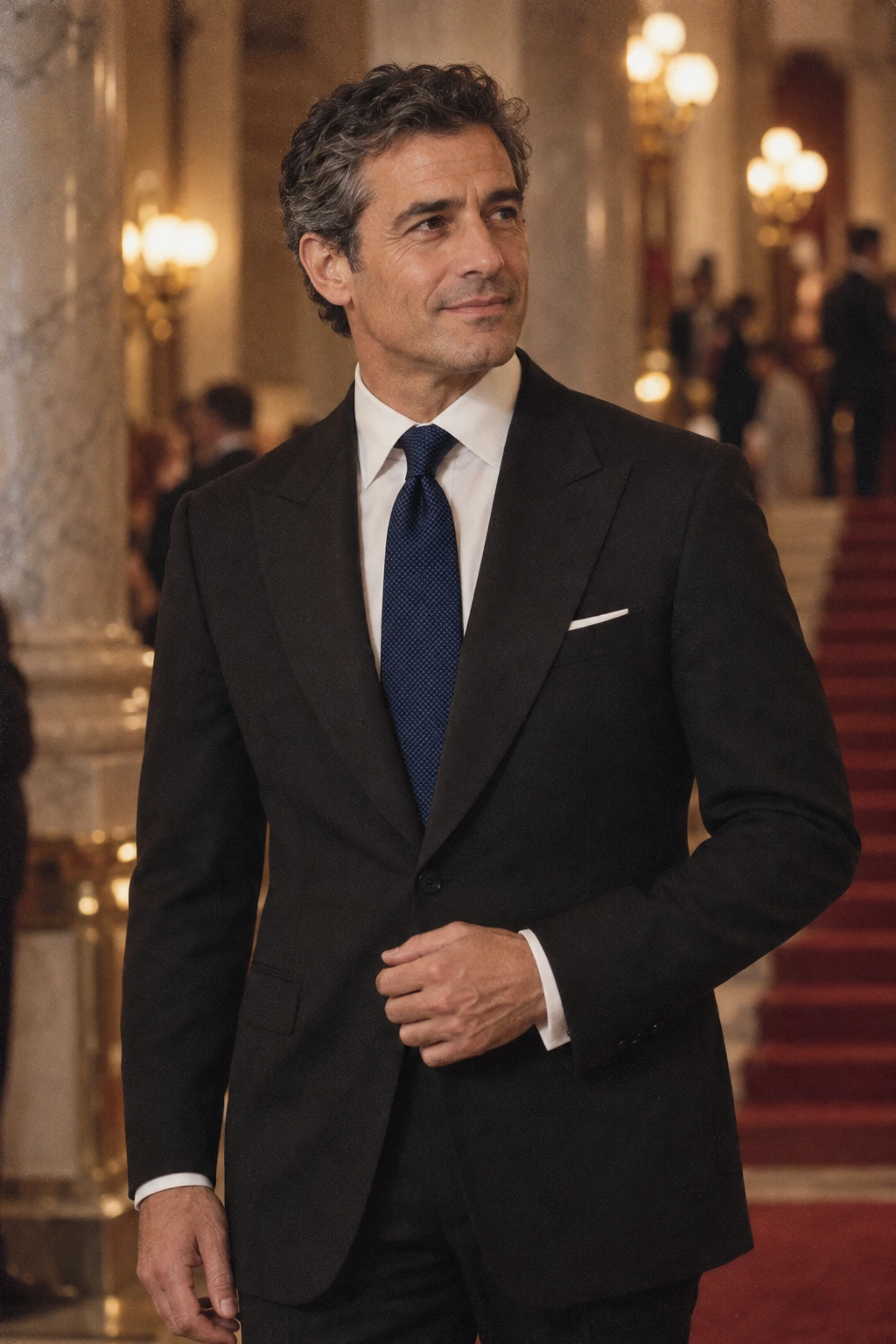 Mann im schwarzen Anzug mit Spitzrevers und dunkelblauer Heritage-Silk-Krawatte im Foyer eines Konzerthauses Mann im schwarzen Anzug mit Spitzrevers und dunkelblauer Heritage-Silk-Krawatte im Foyer eines Konzerthauses