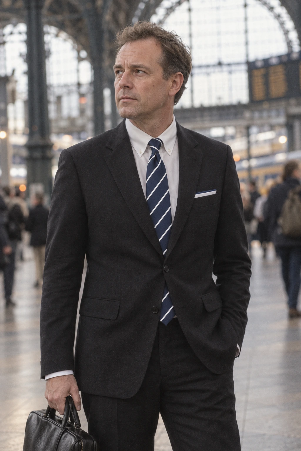Mann im schwarzen Anzug mit marineblau gestreifter Oxford-Classics-Krawatte und weißem Button-down-Hemd in der Halle eines Bahnhofs
