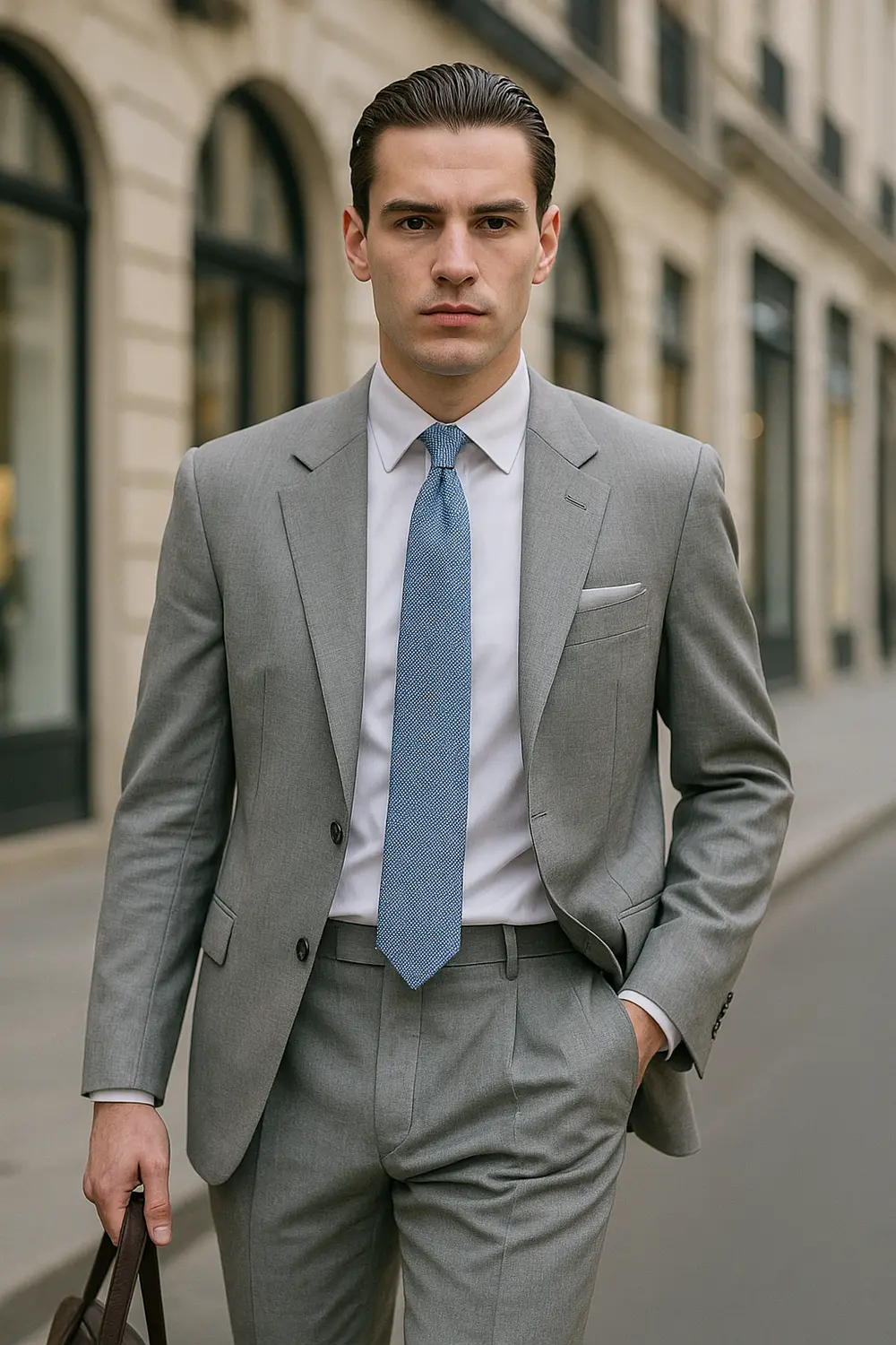 Stilvoller Mann im hellgrauen Anzug mit hellblauer gepunkteter Zeek & Fletcher Krawatte in eleganter Innenstadt