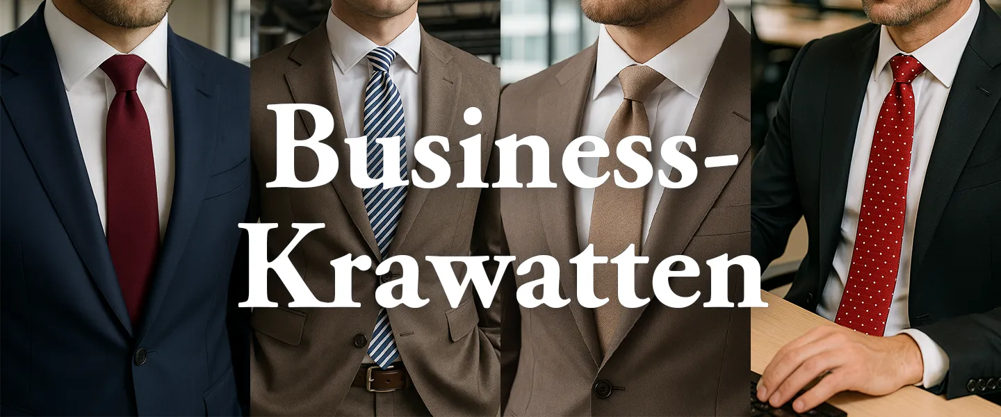 Business-Krawatten: Collage mit vier Büro-Outfits – weinrote Uni-, blau gestreifte, sandfarbene Uni- und rote Punktkrawatte zu Navy-, braunen und schwarzen Anzügen am Schreibtisch.