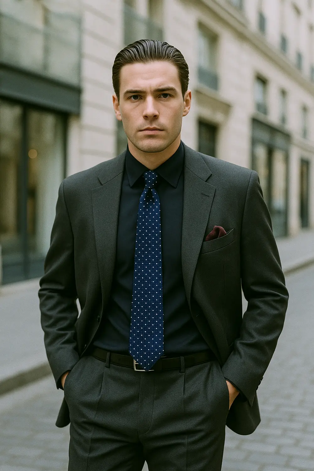 Stilsicherer Mann im dunkelgrauen Anzug mit schwarzem Hemd, marineblauer Punktkrawatte und burgunderrotem Einstecktuch in europäischer Innenstadt