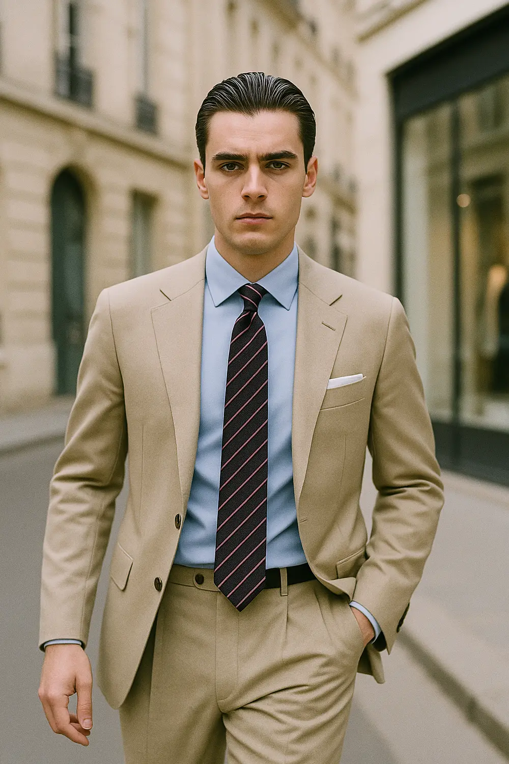 Eleganter Mann im beigefarbenen Anzug mit rosa Zeek & Fletcher Krawatte, hellblauem Hemd und Einstecktuch in edler Innenstadt