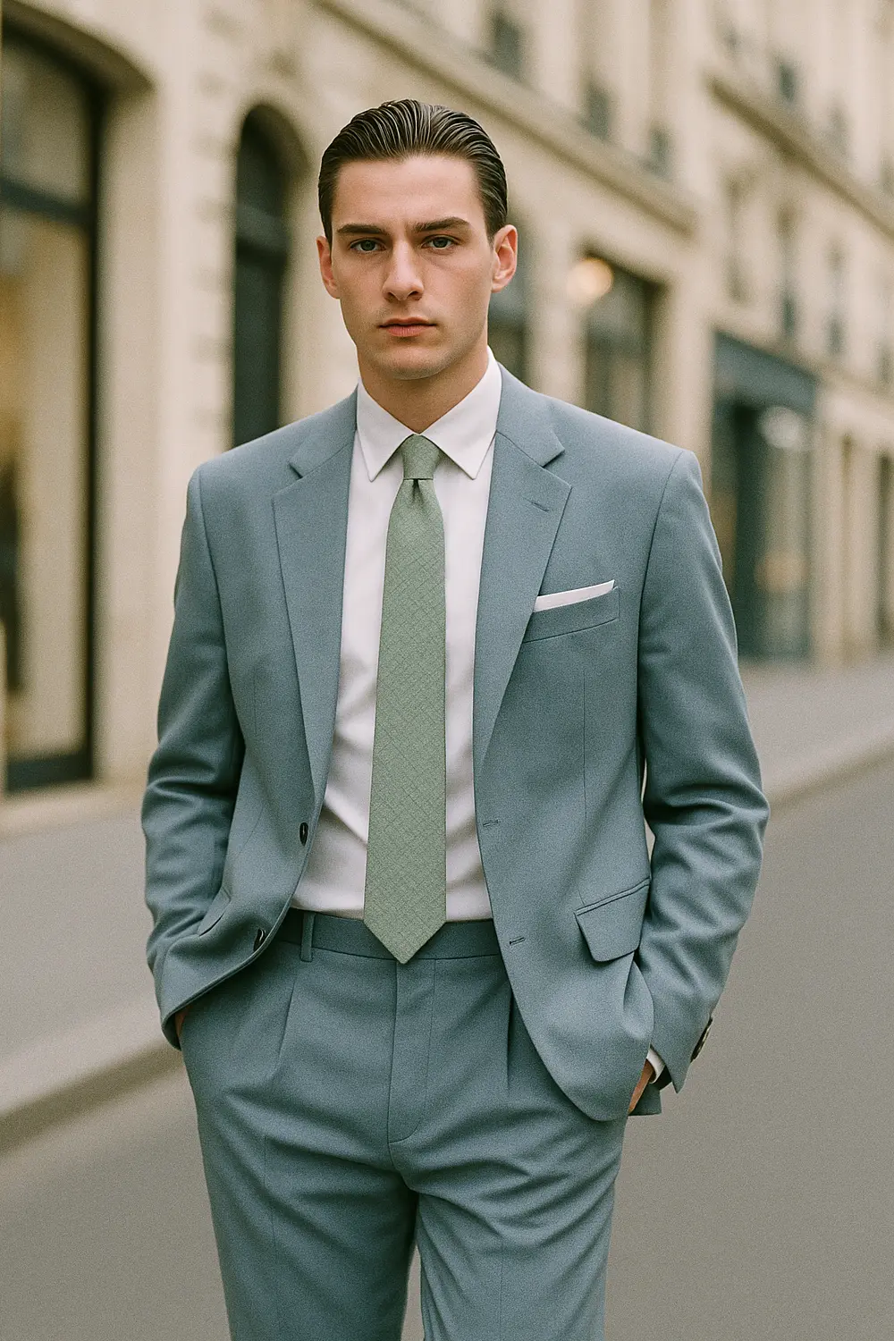 Stilvoller Business-Look: Hellblauer Anzug mit mintgrüner Krawatte Mann im hellblauen Anzug mit mintgrüner Zeek & Fletcher Krawatte und weißem Einstecktuch in eleganter Innenstadt