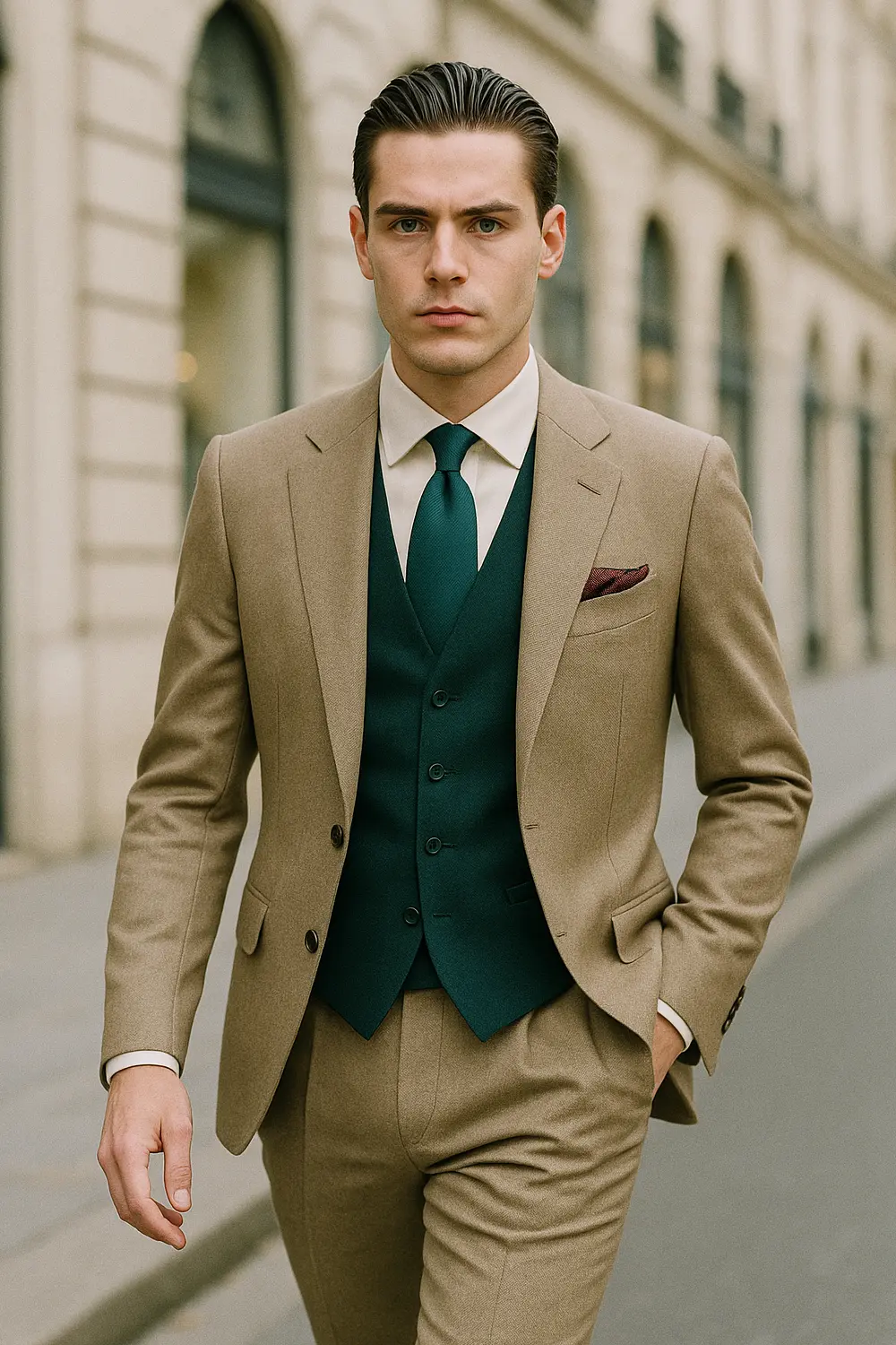 Stilsicherer Mann im beigen Anzug mit dunkelgrüner Zeek & Fletcher Krawatte und burgunderrotem Einstecktuch in der City