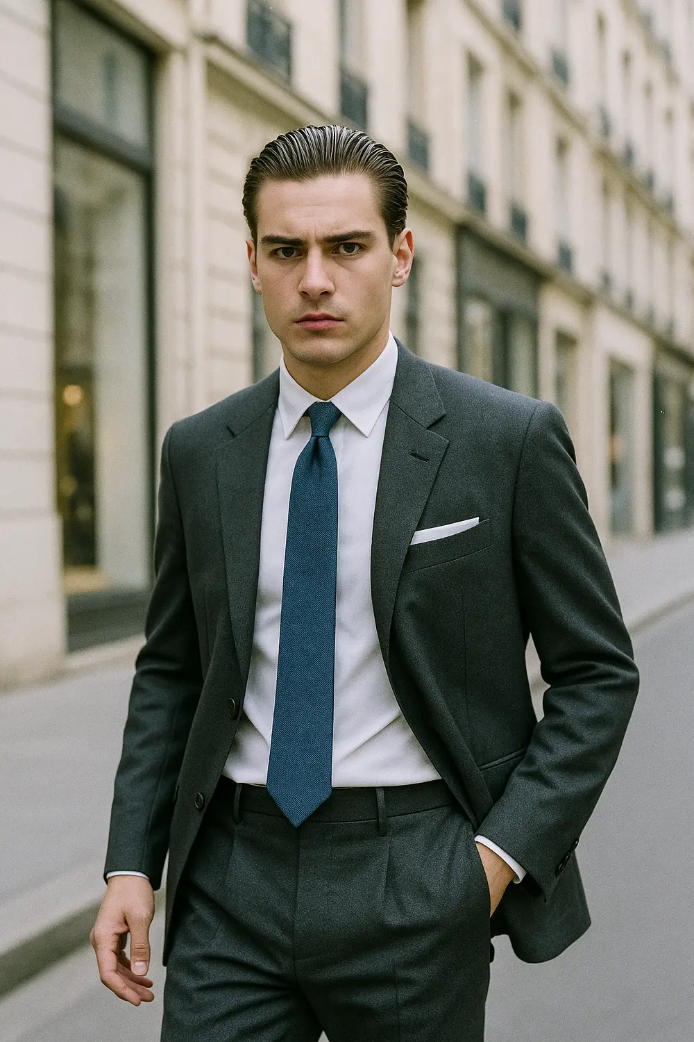 Stilvoller Business-Look: Dunkelgrauer Anzug mit marineblauer Krawatte Mann im dunkelgrauen Anzug mit marineblauer Zeek & Fletcher Krawatte, weißem Hemd und Einstecktuch in eleganter Innenstadt