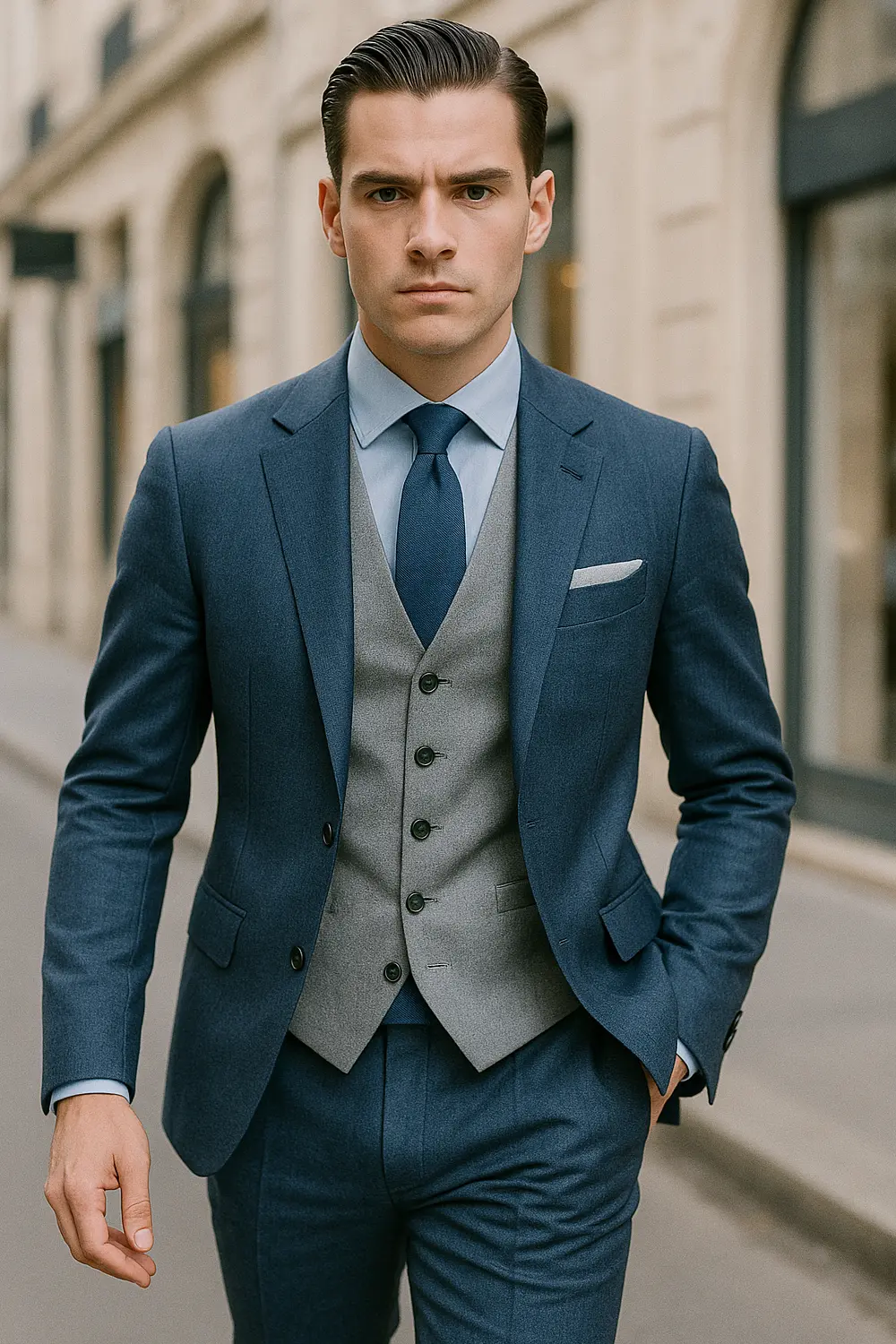 Eleganter Business-Look: Marineblaue Krawatte in der City Selbstbewusster Mann im mittelblauen Anzug mit marineblauer Zeek & Fletcher Krawatte in moderner Innenstadt