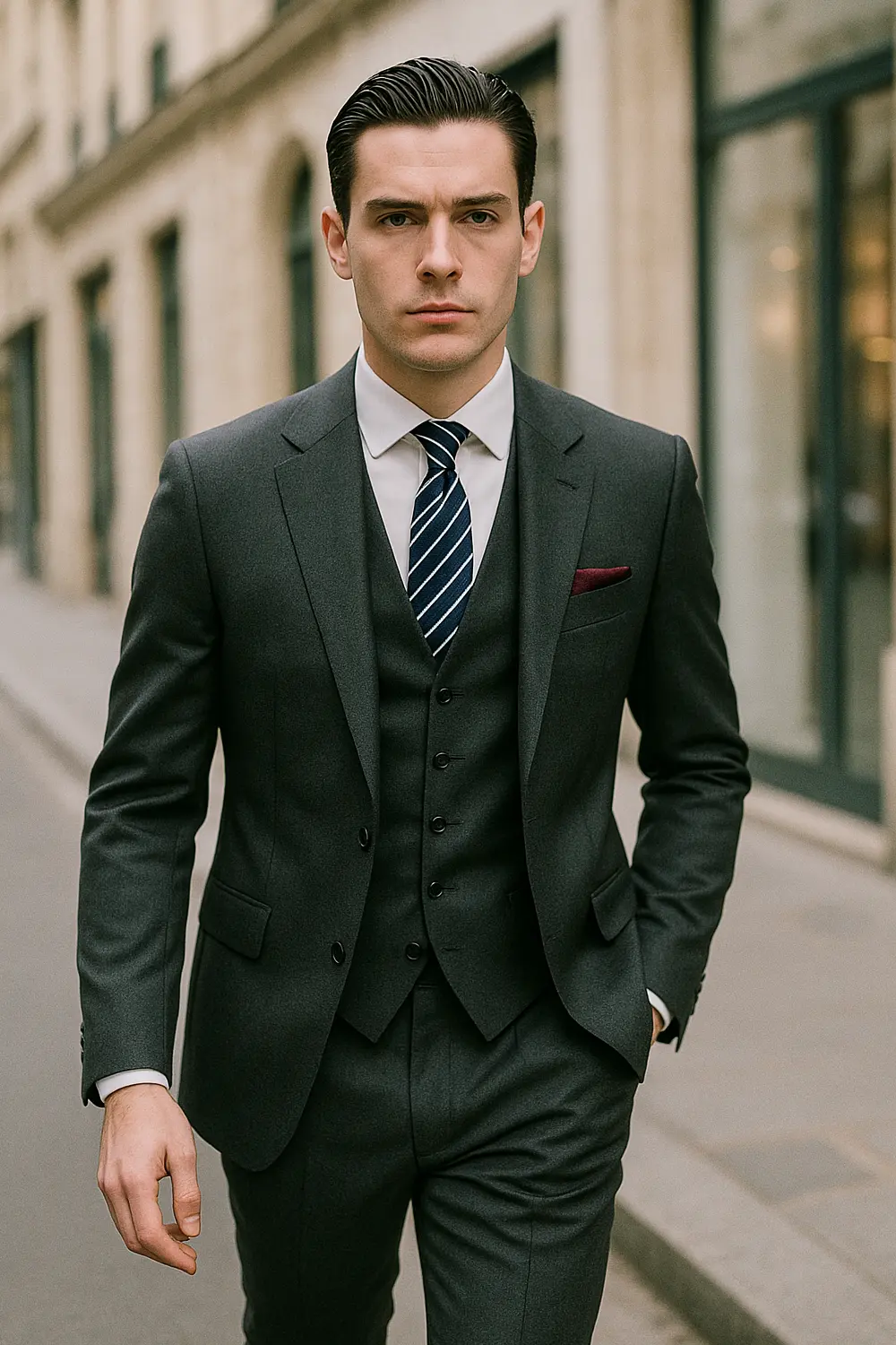 Stilvoller Business-Look: Grauer Anzug mit marineblauer Zeek & Fletcher Krawatte Eleganter Mann im anthrazitfarbenen Anzug, weißem Hemd und marineblauer Streifenkrawatte mit bordeauxrotem Seiden-Einstecktuch in hochwertiger Innenstadt