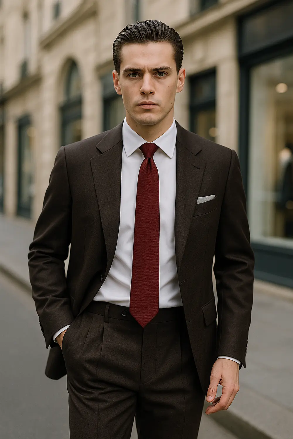 Eleganter Business-Look: brauner Anzug mit weinroter Seidenkrawatte Stilsicherer Mann im dunkelbraunen Anzug und weinroter Seidenkrawatte von Zeek & Fletcher in edler europäischer Innenstadt