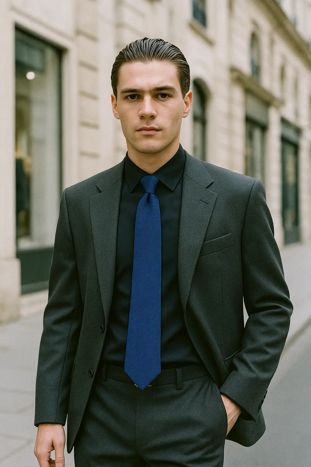 Eleganter Business-Look: Grauer Anzug, schwarzes Hemd & blaue Krawatte Mann im grauen Anzug und schwarzem Hemd trägt dunkelblaue Zeek & Fletcher Krawatte und geht durch eine edle Innenstadt