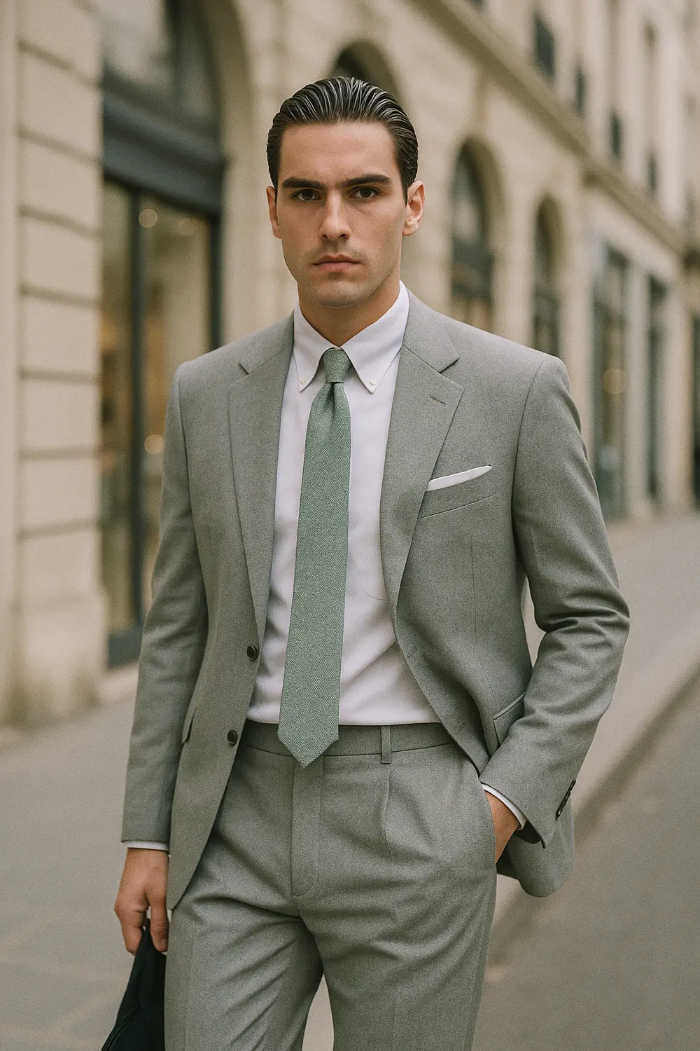 Stilvoller Business-Look mit mintgrüner Zeek & Fletcher Krawatte Eleganter Mann im hellgrauen Anzug mit mintgrüner Zeek & Fletcher Krawatte in moderner Innenstadt mit Boutique-Fassaden