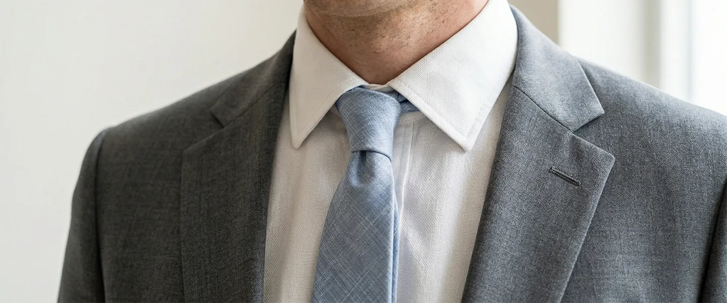 Krawattentrends 2026: vier Anzug-Looks – Braun mit blau gestreifter Krawatte, Navy mit Microprint, Anthrazit mit blau-grauer Uni, Sand mit mintgrüner Baumwollkrawatte; Titel zentral.