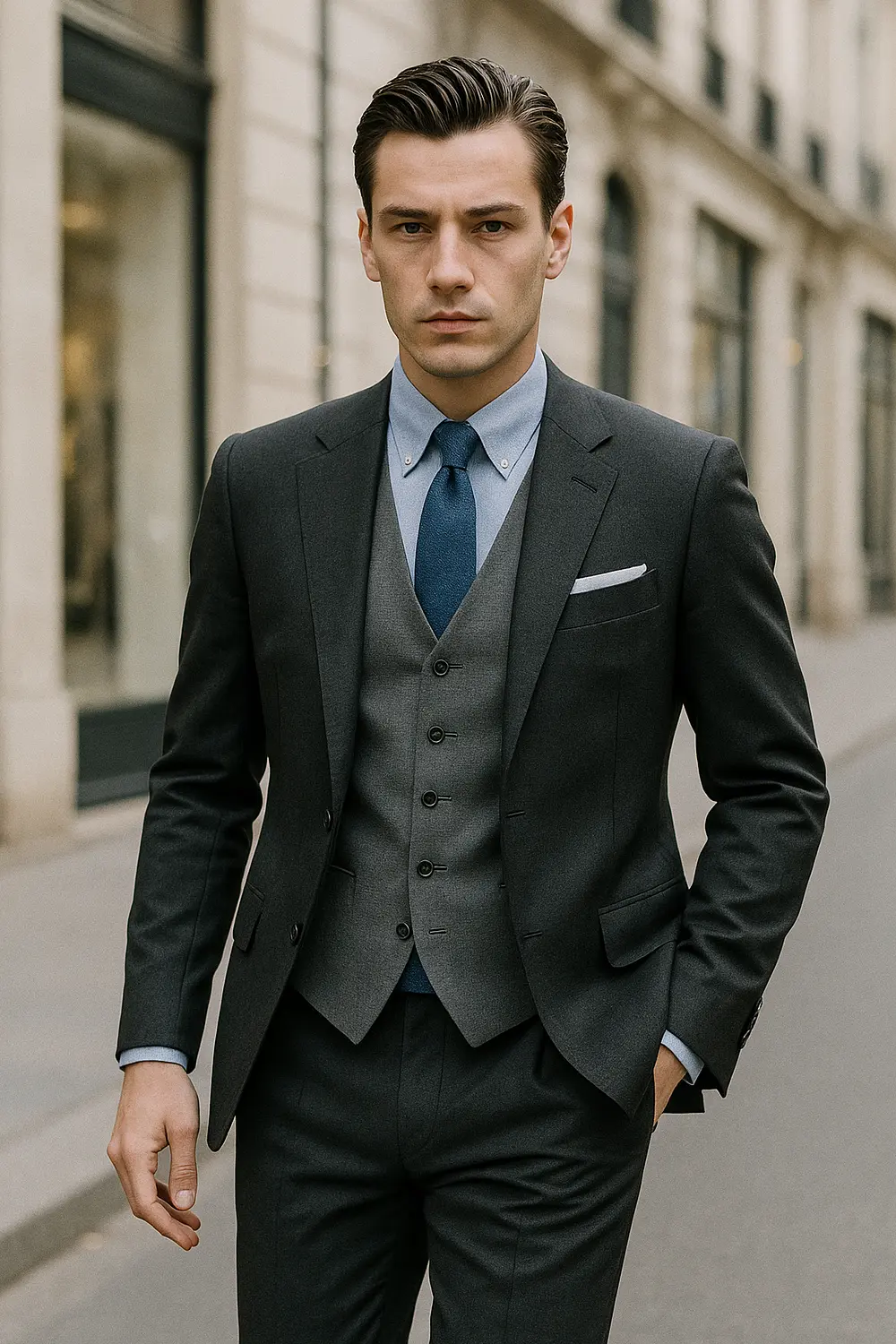 Eleganter Hochzeitsgast mit marineblauer Zeek & Fletcher Krawatte, anthrazitfarbenem Anzug und weißem Einstecktuch in der Innenstadt