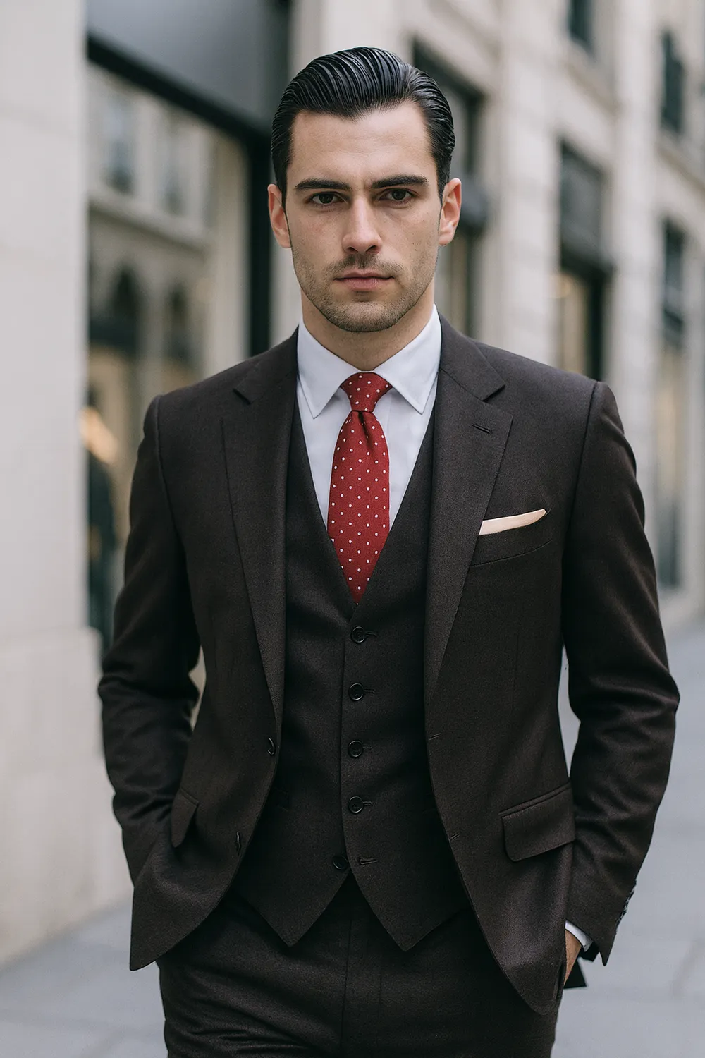 Eleganter Business-Look: Brauner Anzug & rote Krawatte in der City Stilvoller Mann im braunen Anzug mit roter, gepunkteter Zeek & Fletcher Krawatte in eleganter europäischer Innenstadt