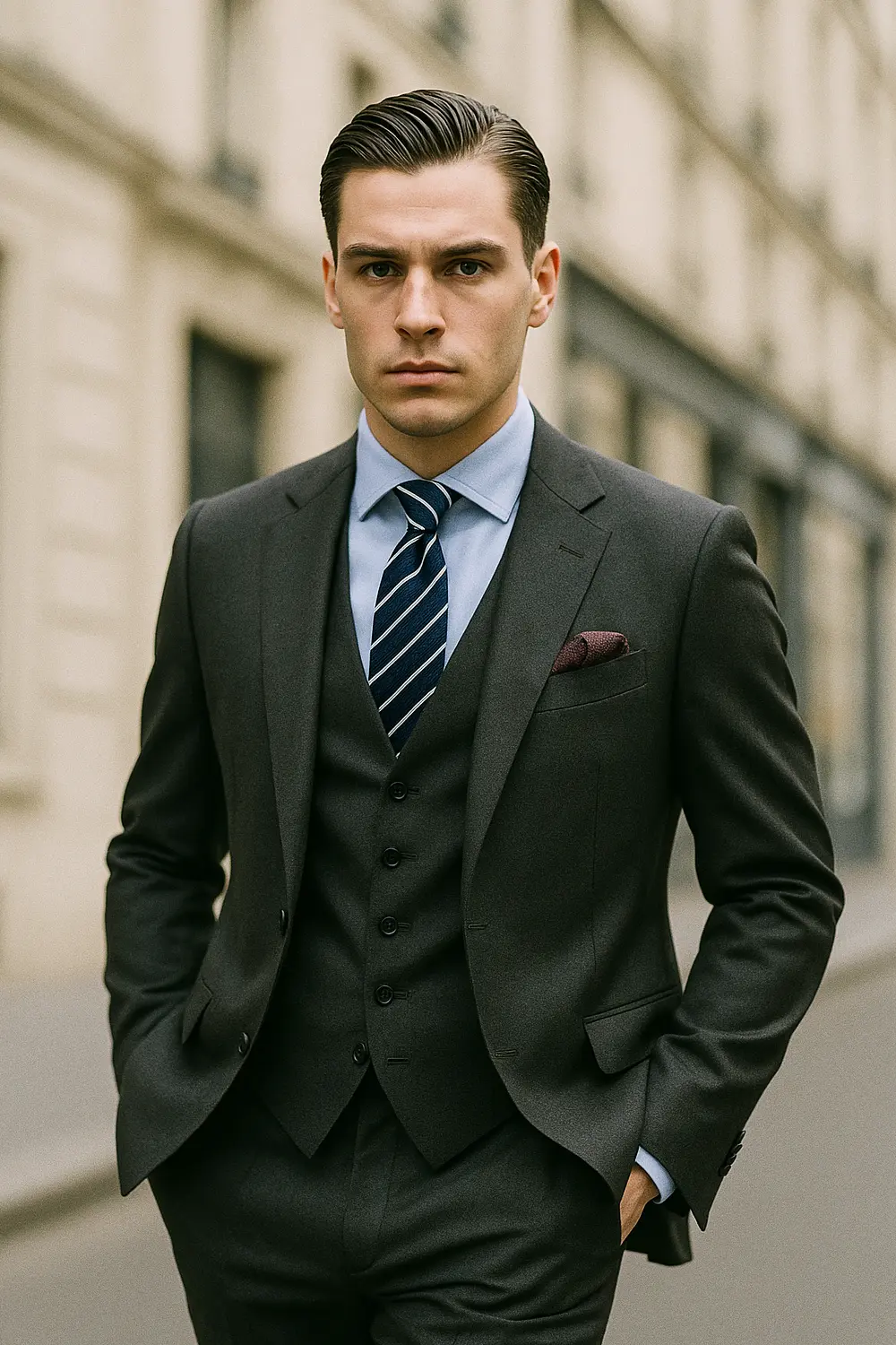 Eleganter Business-Look: Grauer Anzug & blaue Streifen-Krawatte Mann im dunkelgrauen Anzug mit blau gestreifter Zeek & Fletcher Krawatte, hellblauem Hemd und bordeaux Einstecktuch in edler Innenstadt