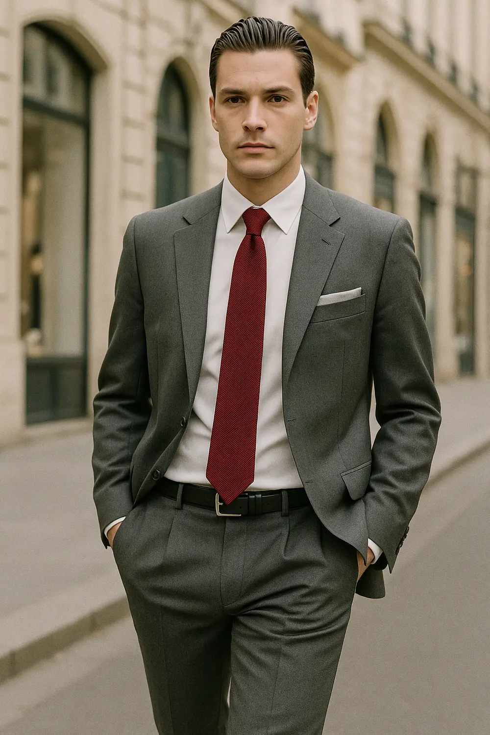 Eleganter Hochzeitsgast mit weinroter Krawatte in der Innenstadt Stilvoller Hochzeitsgast im grauen Anzug mit weinroter Zeek & Fletcher Krawatte und silbernem Einstecktuch in hochwertiger Innenstadt