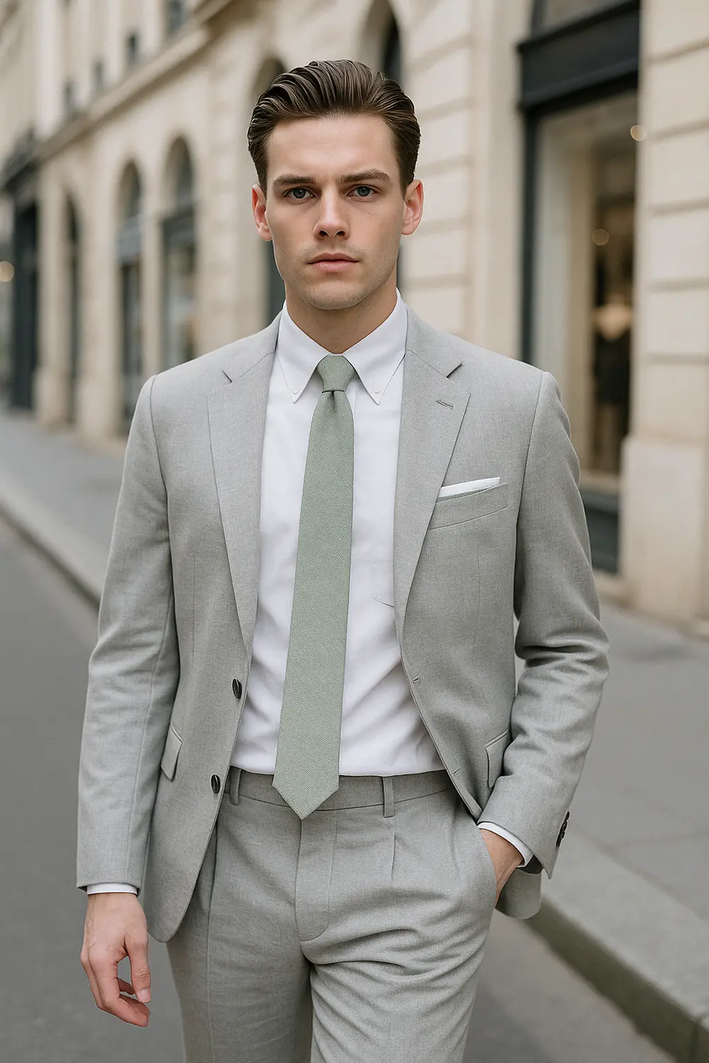 Stilvoller Mann im hellgrauen Anzug mit mintgrüner Zeek & Fletcher Krawatte in eleganter europäischer Innenstadt.