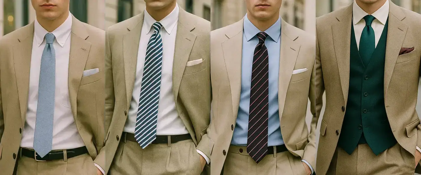 Welche Krawatte passt zum beigefarbenen Anzug?
