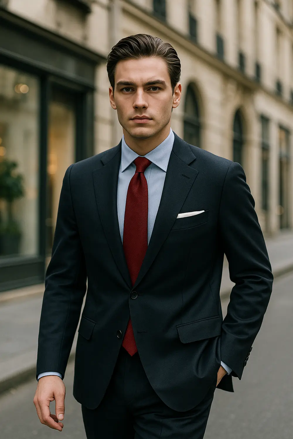 Stilvoller Business-Look: Dunkelblauer Anzug mit weinroter Krawatte Mann im dunkelblauen Anzug mit weinroter Zeek & Fletcher Krawatte, hellblauem Hemd und weißem Einstecktuch in europäischer Innenstadt