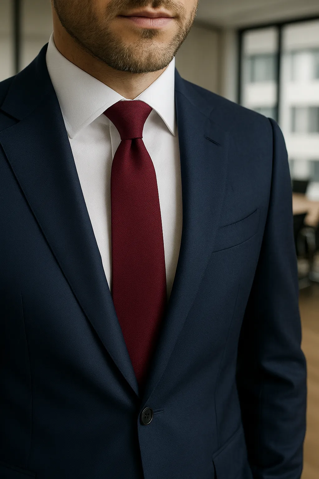 Heritage Silk Krawatte in Weinrot, kombiniert mit navyblauem Anzug und weißem Hemd – kultivierter Business-Look mit ruhiger Präsenz.