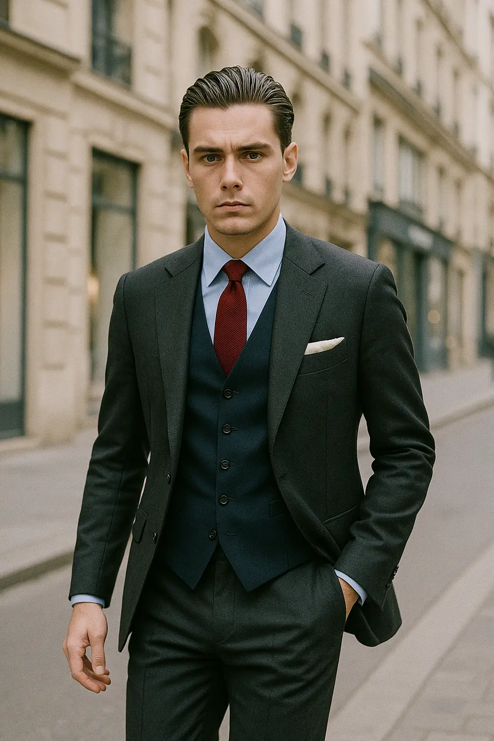 Grauer Anzug, blaues Hemd: Perfekt gestylt mit weinroter Krawatte Eleganter Mann im anthrazitfarbenen Anzug mit hellblauem Hemd und weinroter Zeek & Fletcher Krawatte in edler Innenstadt