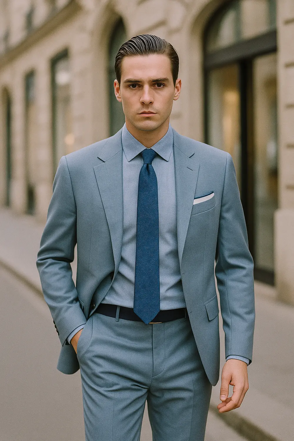 Eleganter Look: Hellblauer Anzug mit marineblauer Zeek & Fletcher Krawatte Stilsicherer Mann im hellblauen Anzug mit marineblauer Zeek & Fletcher Krawatte in moderner Innenstadt