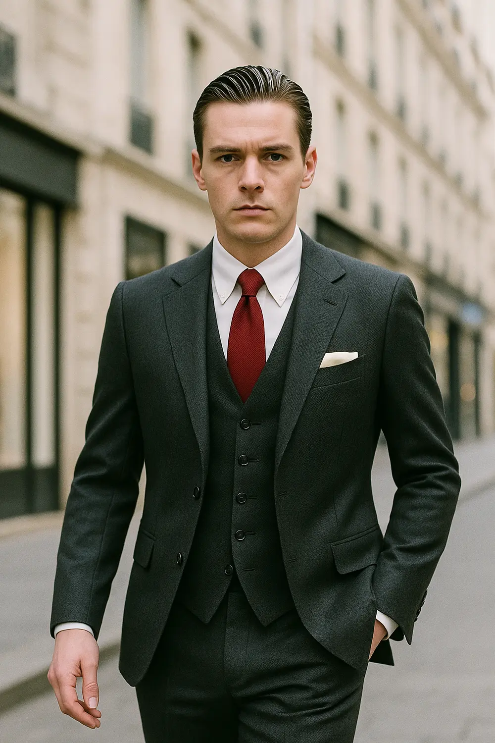 Mann im dunkelgrauen Anzug mit weinroter Zeek & Fletcher Krawatte und cremefarbenem Einstecktuch in eleganter Innenstadt