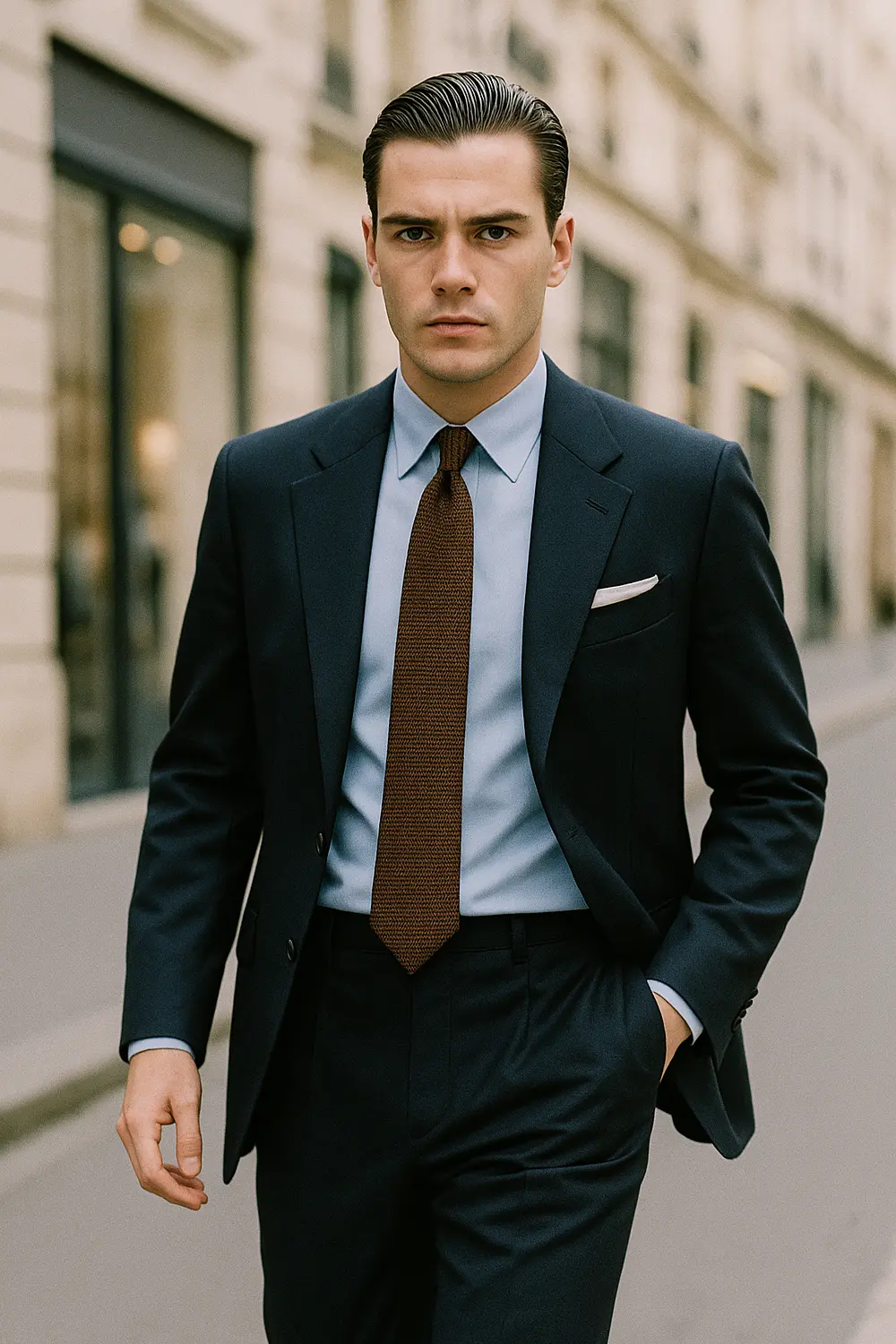 Stilsicherer Mann im dunkelblauen Anzug mit brauner Zeek & Fletcher Seidenkrawatte, der die perfekte Krawattenlänge in der City präsentiert.