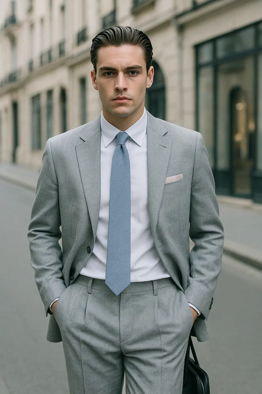 Stilvoller Business-Look: Hellgrauer Anzug mit blaugrauer Krawatte Mann im hellgrauen Anzug mit blaugrauer Zeek & Fletcher Krawatte und roséfarbenem Einstecktuch in eleganter Innenstadt